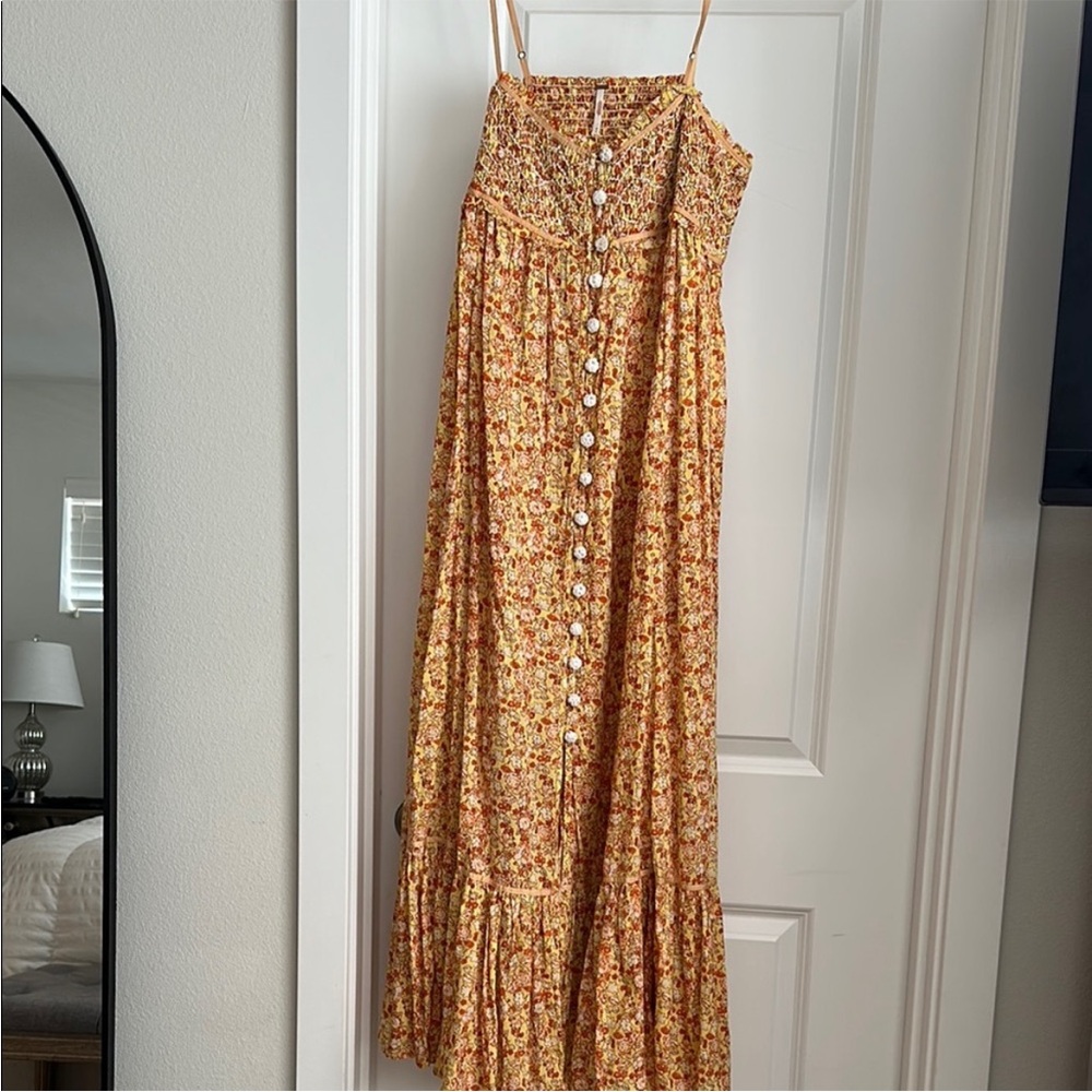 Free People Floral Yellow Orange Midi Maxi Button Dress, small